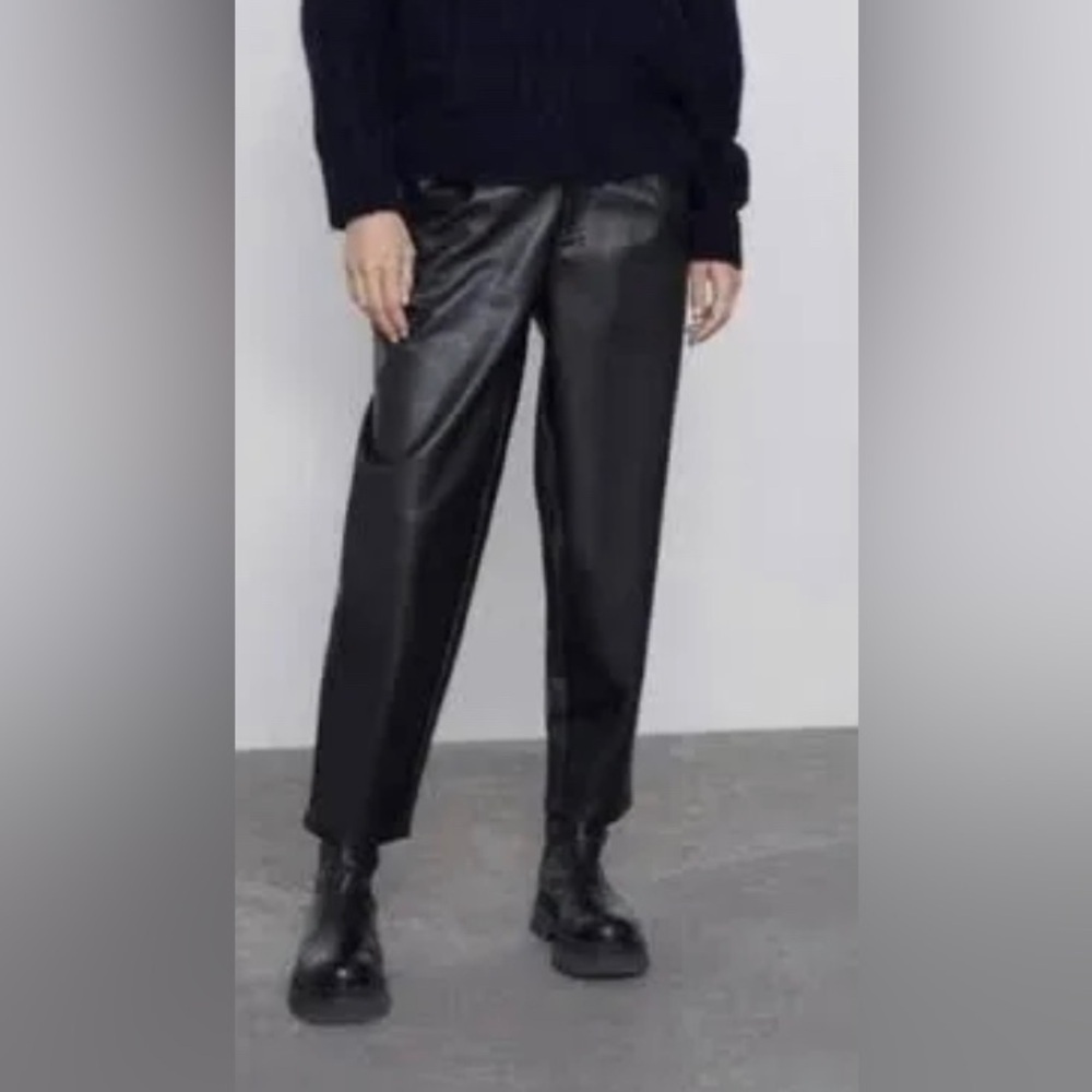Zara Pant’s/ Zara Black Faux Leather High Rise Trousers Tapered Leg Black,Size S - Picture 2 of 8